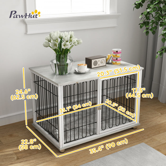 Pawhut 35in Dog Crate Furniture With Washable Cushion, Indoor Dog Kennel End Table With Adjustable Feet For Medium Dogs, Grey