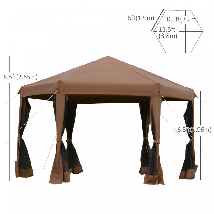 Outsunny 12.5' Pop Up Gazebo Hexagonal Canopy Tent Outdoor Shelter Pavilion Sun Protection With Mesh Sidewalls, Handy Bag, Dark Brown