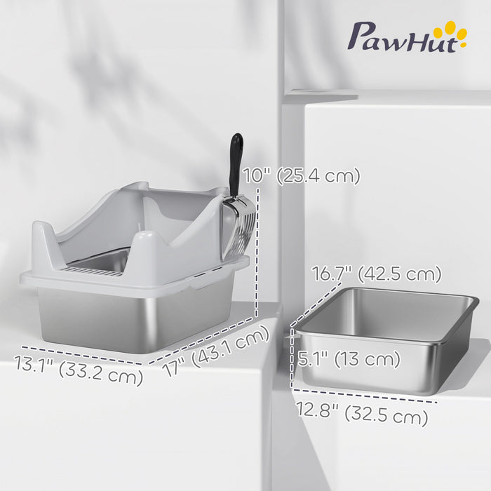 PawHut Cat Litter Box Stainless Steel, High Sided with Metal Litter Scoop, Never Absorbs Odors, Anti Leakage & Easy to Clean, 17\" x 13\" x 10\", Grey