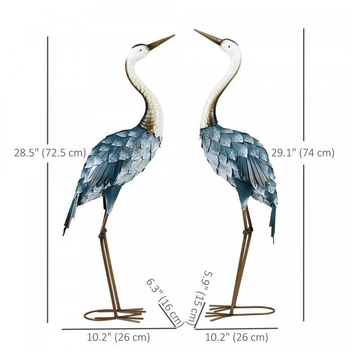 Outsunny 2 Pieces Crane Garden Statues Metal Yard Art Bird Sculptures, Blue