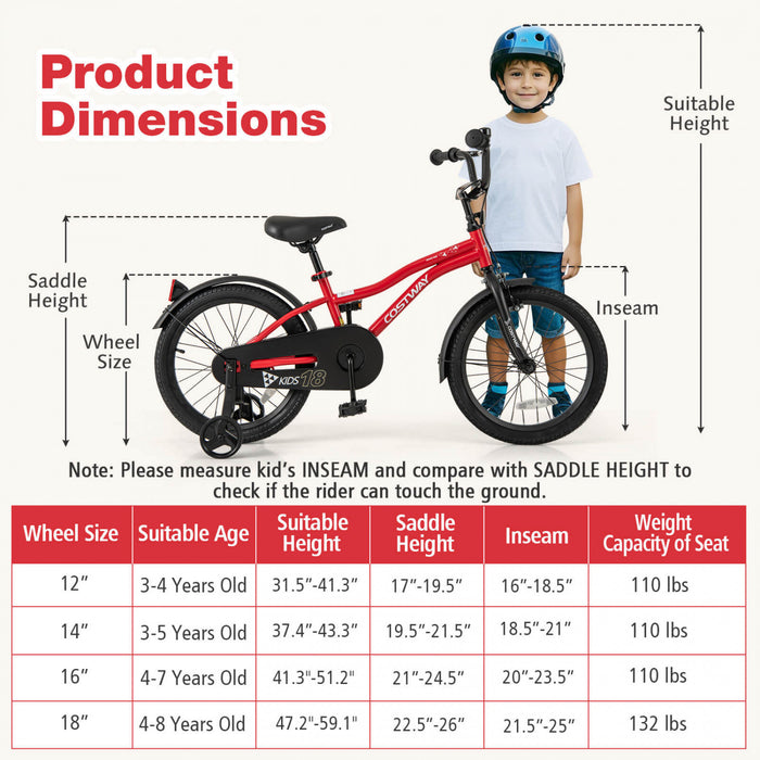 Costway 18\" Kids Bike For 4-8 Years Old Boys & Girls With Adjustable Seat Handbrake Reflectors Red