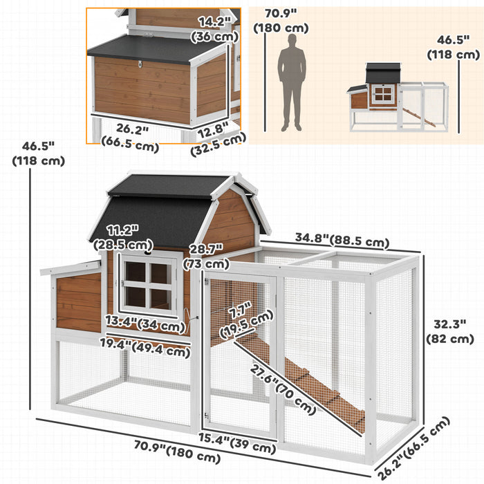 PawHut 71\" Chicken Coop for 3 Chickens, Wooden Hen House Outdoor Duck House with Run, Removable Tray, Nesting Box, Waterproof Asphalt Roof, Ramp and Perches, Bunny Hutch, Brown