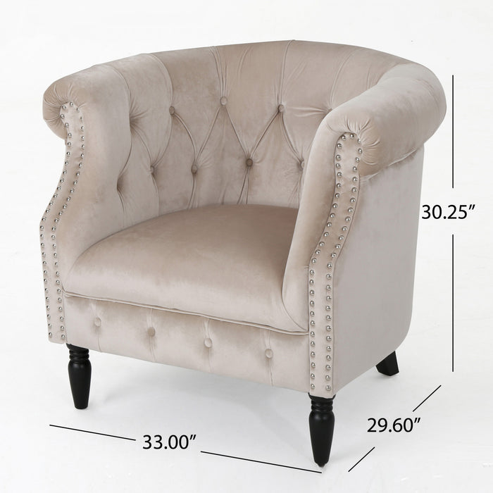 Akira Velvet Fabric Chair With Button Tufted And Nailhead Trim - Champagne