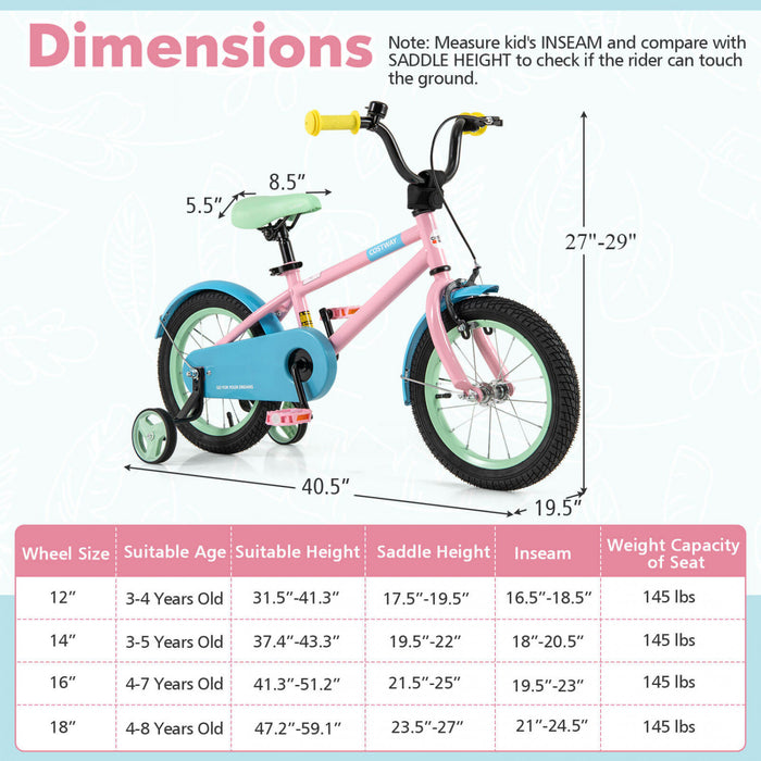 Costway 14\" Kids Bike With Adjustable Saddle Handlebar Removable Training Wheels Handbrake Pink