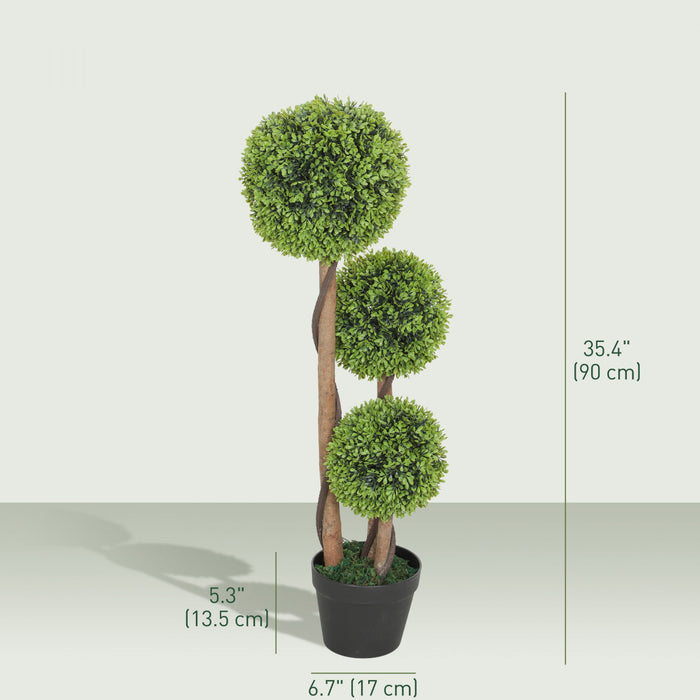 HOMCOM 35 Inch Artificial Boxwood Triple Ball Topiary Trees Set of 2, Green