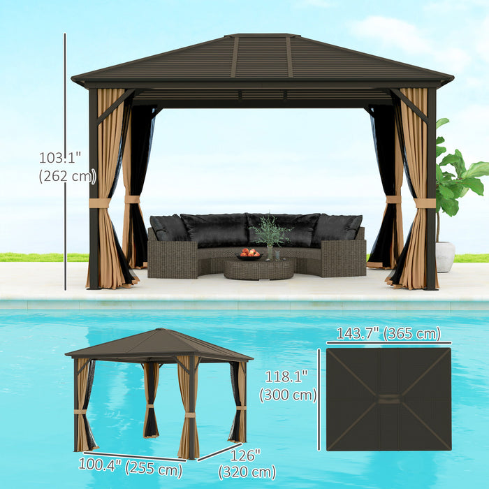 Outsunny 10' X 12' Deluxe Hardtop Gazebo With Curtains And Netting, Coffee