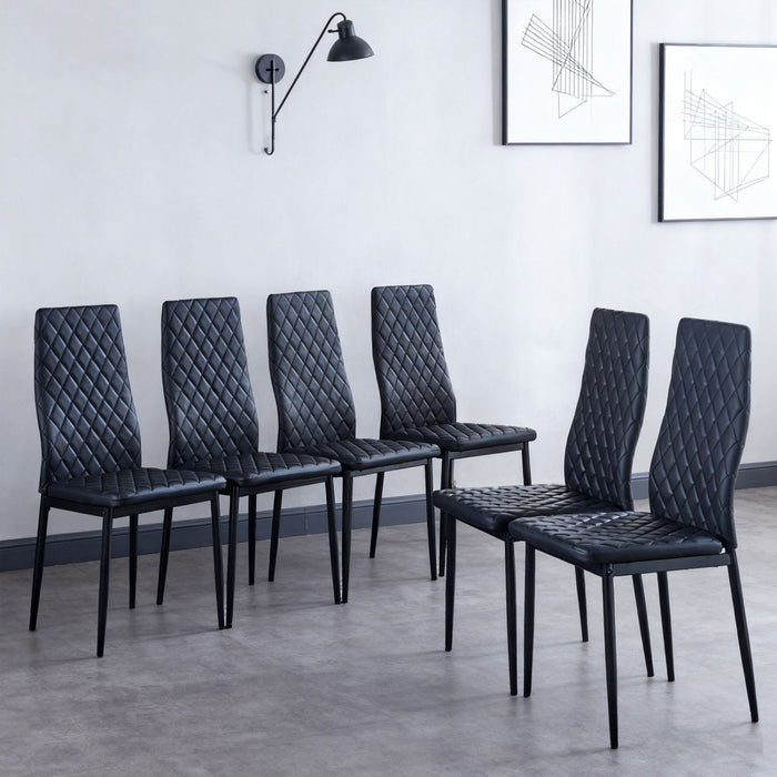 Ava Modern Diamond Grid Pattern Dining Chair Set (6-Pack) with Fireproof Leather and Metal Frame,Black