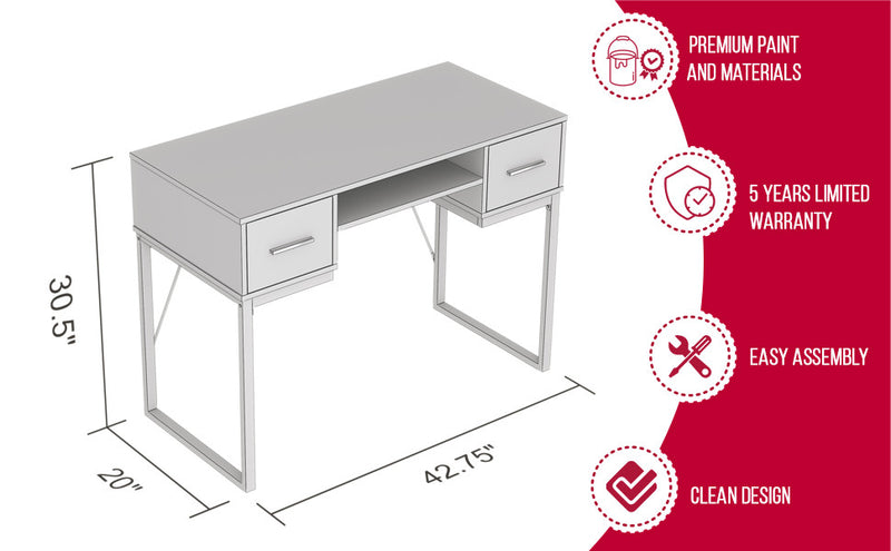 43” Computer Desk With 2 Drawers And 1 Shelf - Dark Grey With Black Metal Base