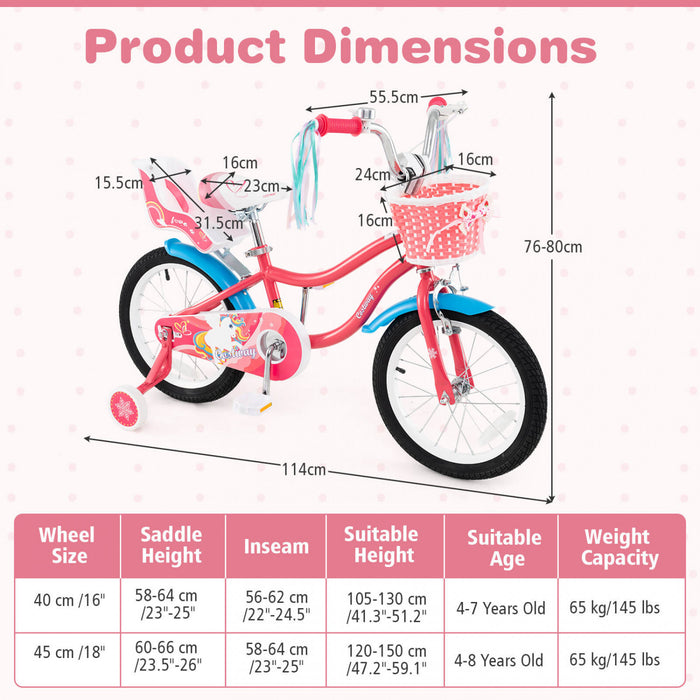 Costway 16\" Kids Bike With Basket Doll Seat & Colorful Streamers 2 Training Wheels Pink