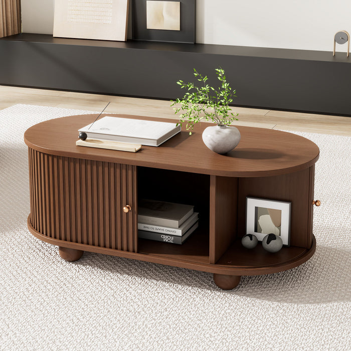 Ethan Oval Coffee Table with Sliding Doors and Hidden Storage,Dark Wood