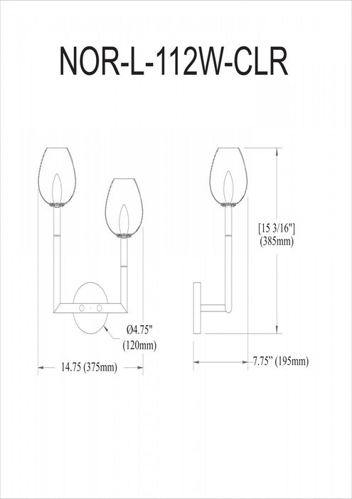 Dainolite Nora 2 Light Wall Sconce Left Matte Black Clear Glass Lamp
