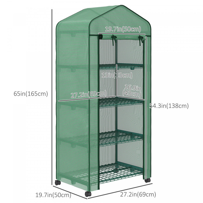 Outsunny 27\" X 20\" X 65\" Portable Greenhouse With 4 Tier Shelves And Wheels, Outdoor Hot House Plant Flower Greenhouse, Steel Frame, Pe Cover, Green