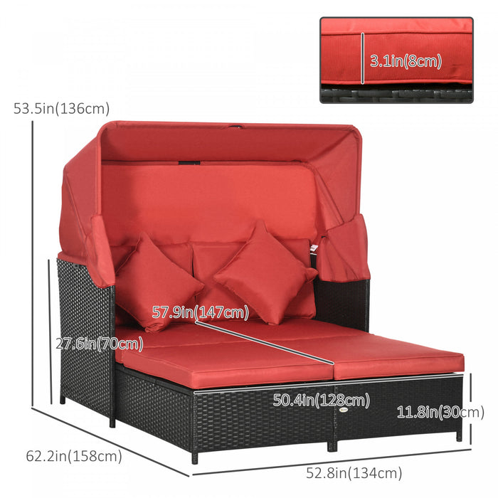 Outdoor Double Lounge Daybed W/ Awning & Cushion Sun Lounger, Red