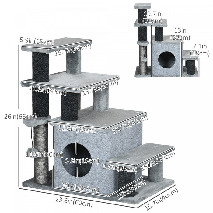 Pawhut Adjustable Height Cat Stairs With Sisal Scratching Posts, Cat House For Cozy Rest, Pet Steps For Couch Sofa And High Bed With Hanging Ball, Front Hole, Jumping Platform