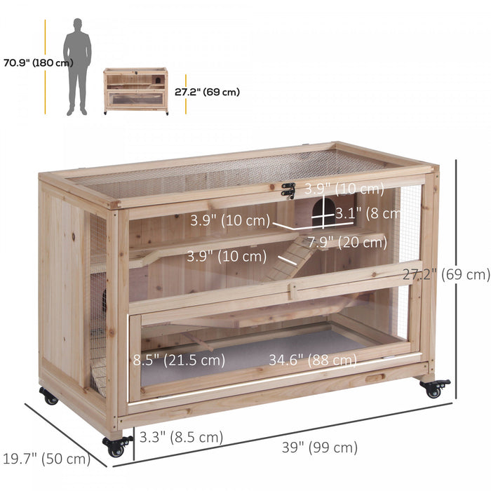 Pawhut 3 Tier Hamster Cage, Wooden Rat Cage Small Animal Habitat With Ladders, Huts, Wheels, Pull-out Tray, For Syrian, Dwarf Hamster, Nature Wood