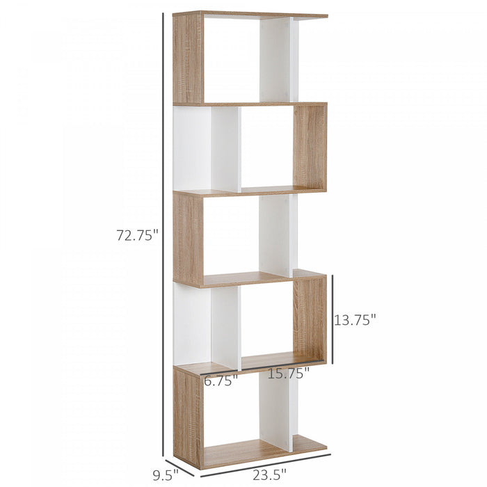 HOMCOM Geometric Bookcase, 5-Tier S Shaped Bookshelf, Natural and White