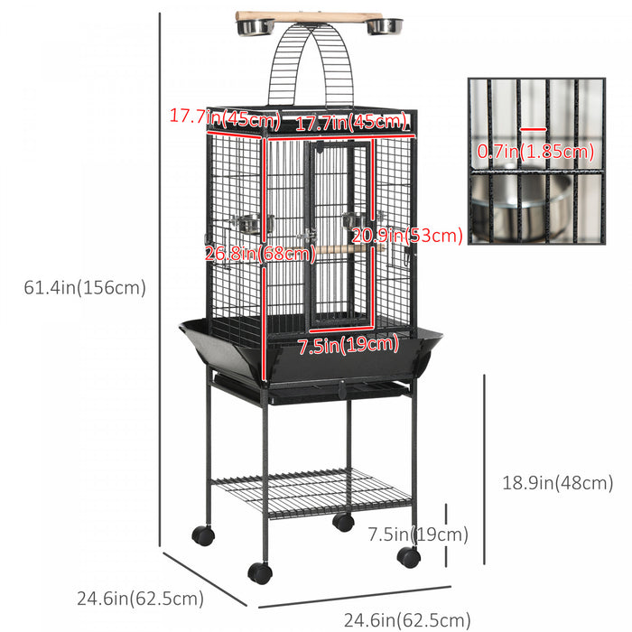Pawhut 61.5 Inch Bird Cage Parakeet House For Cockatiel With Stand, Pull Out Tray, Play Top, Storage Shelf, Wood Perch, Food Container