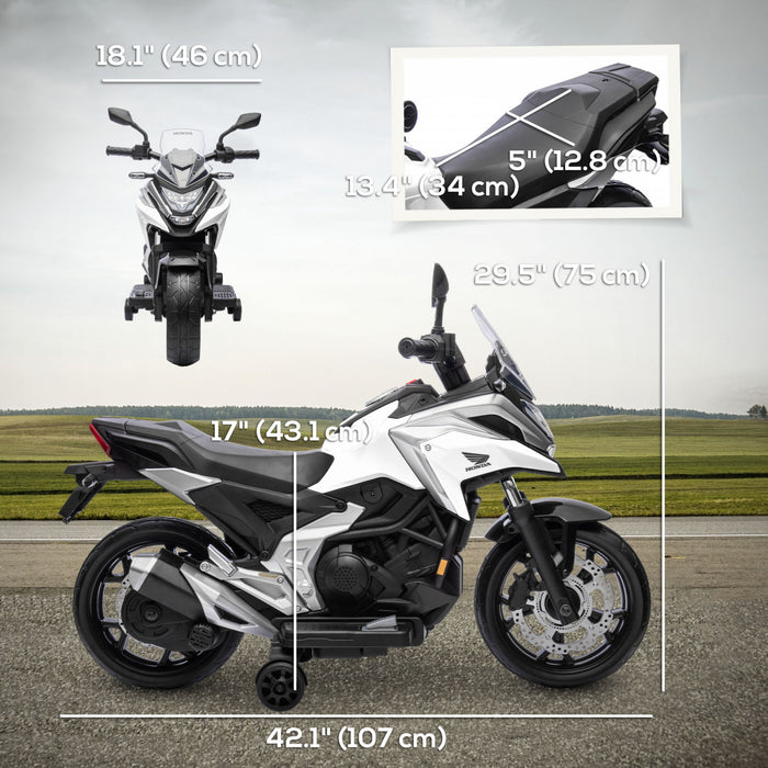 Qaba Honda Licensed 12v Electric Motorcycle, Battery Powered Ride-On Motorbike For Kids With Headlights Music Training Wheels, For 3-6 Years, White