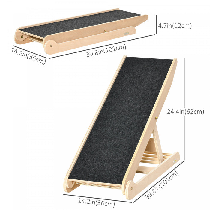 Pawhut Dog Ramp For Bed Couch, Foldable Pet Ramp Height Adjustable 4 Levels From 14.75\" To 24.5\" For Cats And Small Dogs With Non-slip Carpeted Surface, Natural