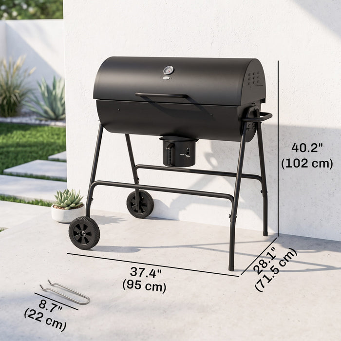 Outsunny Barrel Charcoal BBQ Smoker with 420 sq.in. Cooking Area, Outdoor Barbecue with Wheels, Ash Catcher and Built-in Thermometer for Patio Picnic, Backyard Party, Black