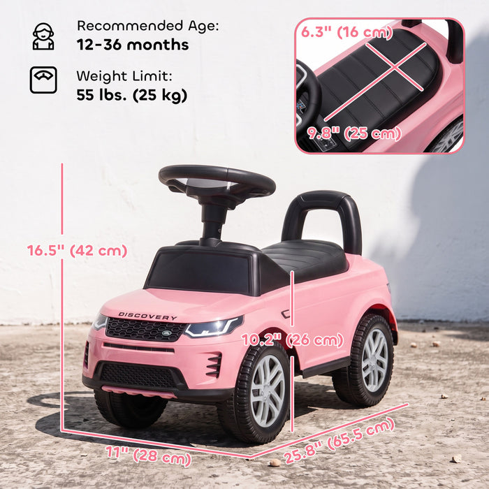 Qaba Ride on Car, Licensed Land Rover Sliding Walking Car Foot to Floor with Anti-Tip Device, Under-Seat Storage, Horn, Engine Sounds for Toddlers 18-36 Months, Pink