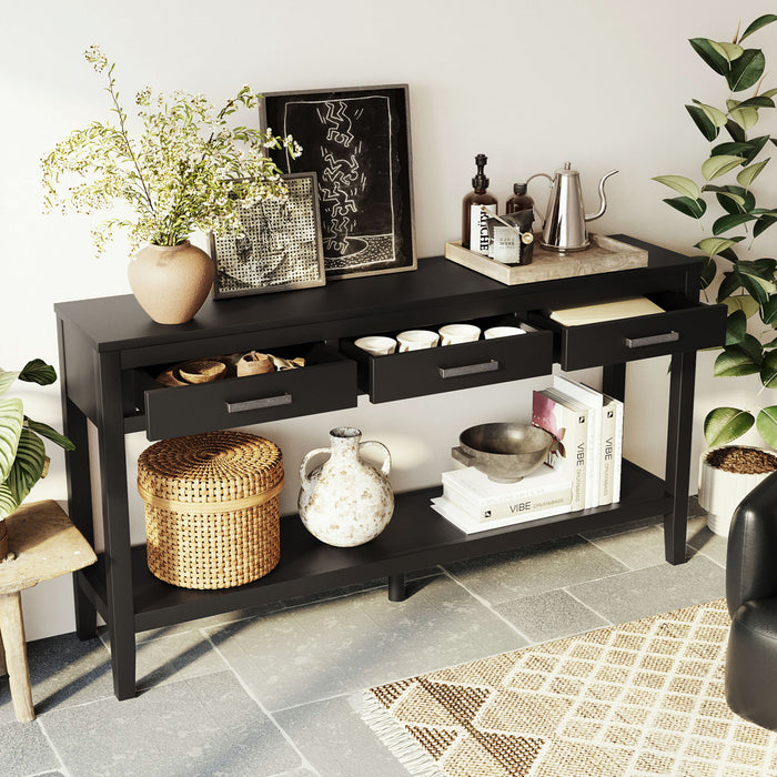 Emma 59.1'' Farmhouse Entryway Table with Drawers and Open Shelf,Black Sofa Table