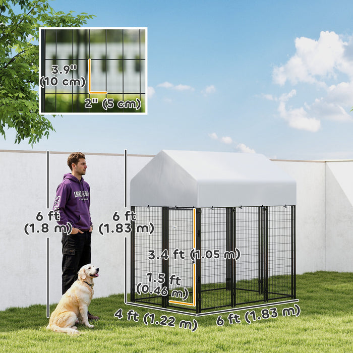 PawHut 6' x 4' x 6' Dog Run Outdoor, Large Outdoor Dog Kennel Welded Wire Steel Fence with UV-Resistant & Waterproof Cover, Secure Lock, Silver