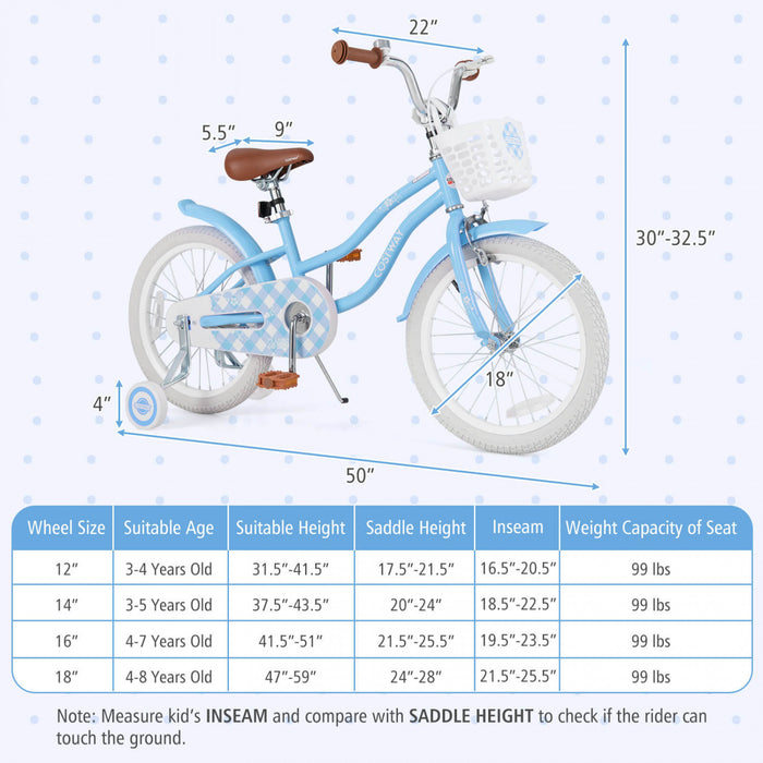 Costway 18\" Kids Bike Toddler Bicycle With Training Wheel Kickstand For 4-8 Years Blue