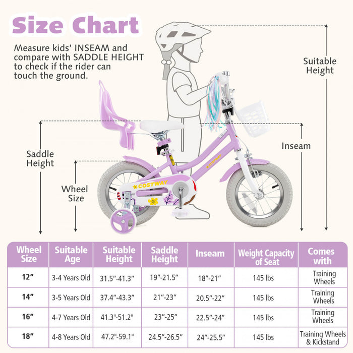 Costway 14 Inch Kids Bike With Training Wheels Doll Seat Basket Streamers Hand Brake Purple