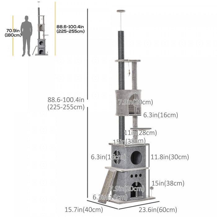 Pawhut 89\"-100\" Floor To Ceiling Cat Tree 6-tier Cat Climbing Tower Adjustable High With Scratching Post Board, Ramp, Cat Condo, Perch, Toy Ball, For Indoor Cat, Light Grey