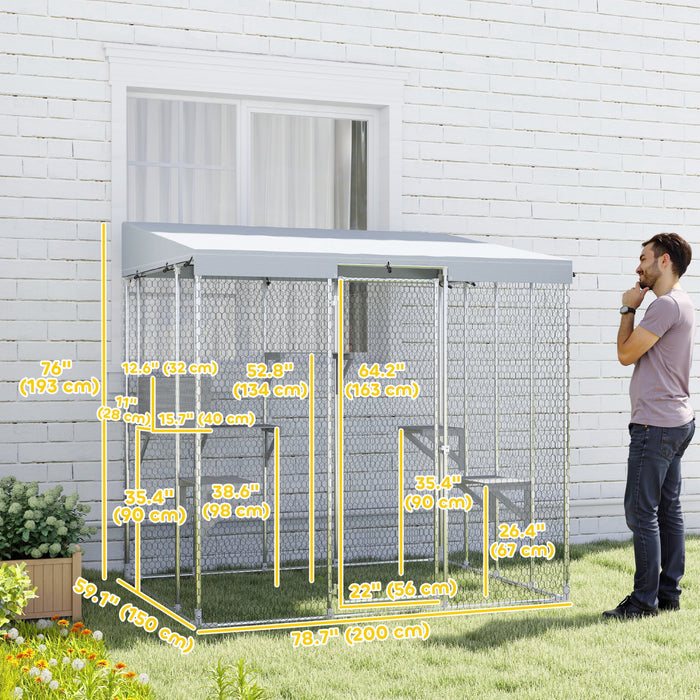Pawhut Catio Outdoor Cat Enclosure Large, 79\" L Galvanized Steel Outdoor Cat House With 420d Waterproof Canopy, Multiple Platforms, Resting Condo, Lockable Door, For 1-3 Large Cats