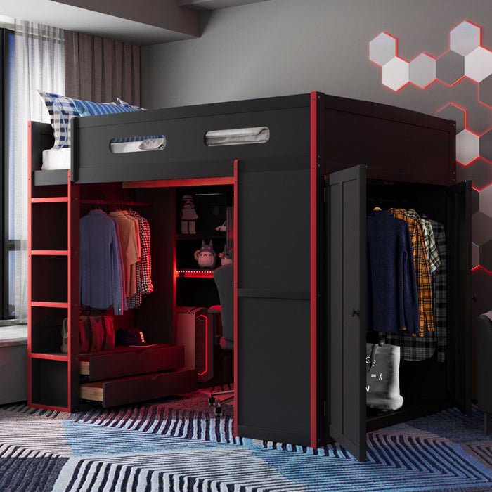 Jerry Wood Loft Bed with Desk and Storage,Full Size,Red Full Bed