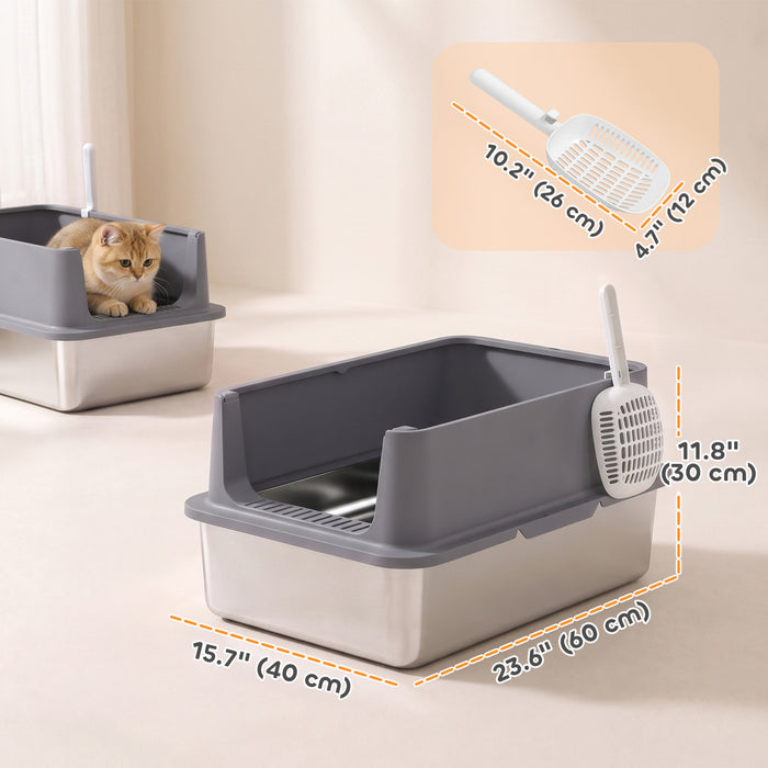 PawHut 2 Pack XL Stainless Steel Litter Box, Extra Large Metal Cat Litter Box High Sided for Big and Multiple Cats, Semi-Enclosed with Scoops, Anti-Urine Leakage