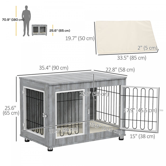 Pawhut 35in Dog Crate End Table With Soft Cushion, Double-door Dog Crate Furniture For Medium Large Dogs, Wooden Wire Pet Kennel For Indoor Use, 35\" W X 23\" D X 26\" H, Grey