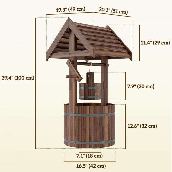 Outsunny Wishing Well Outdoor Wooden Planter with Hanging Bucket, Tan