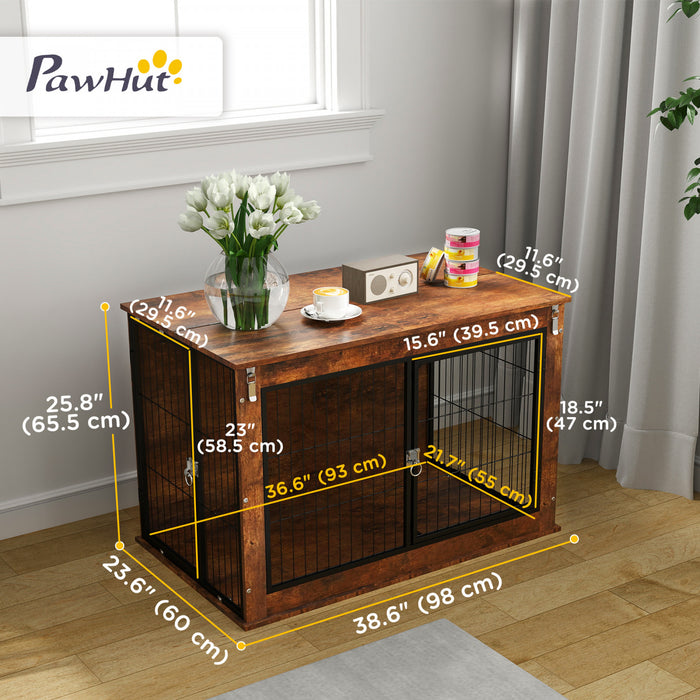 Pawhut Dog Crate Furniture, 39\" Dog Kennel Furniture With Flip-up Top Opening, 2 Doors, Indoor Dog Cage End Table For Large Dogs, Rustic Brown