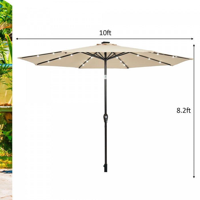 Costway 10' Solar LED Lighted Patio Market Umbrella Shade Tilt Adjustment Crank Beige
