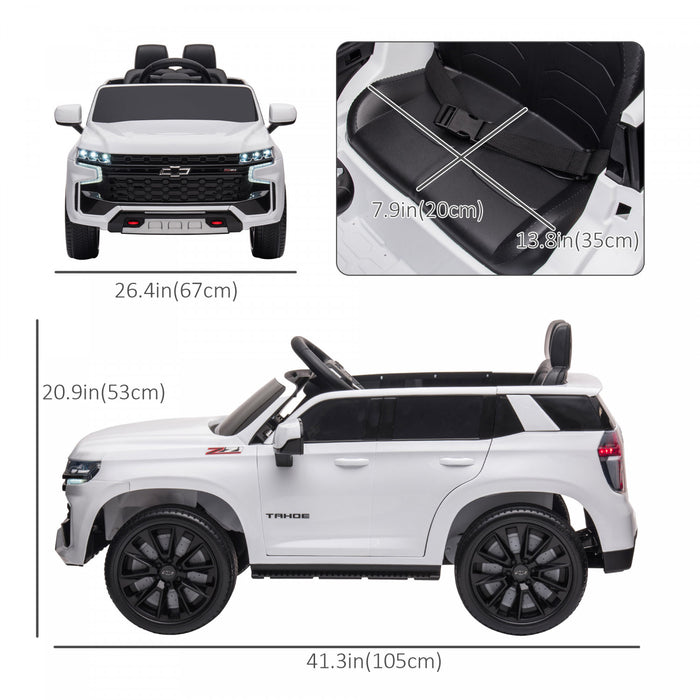 Aosom 12v Licensed Chevrolet Tahoe Powered Ride-On Car, Kids Ride On Car With Remote Control, 3 Speeds, Spring Suspension, Led Light, Horn, Music, Electric Kids Car For 3-6 Years Old White