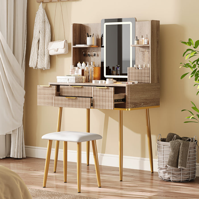 Isabella 4-Drawer Vanity Table Set with LED Mirror and Metal Legs,Yellow Brown Mirror Cabinet