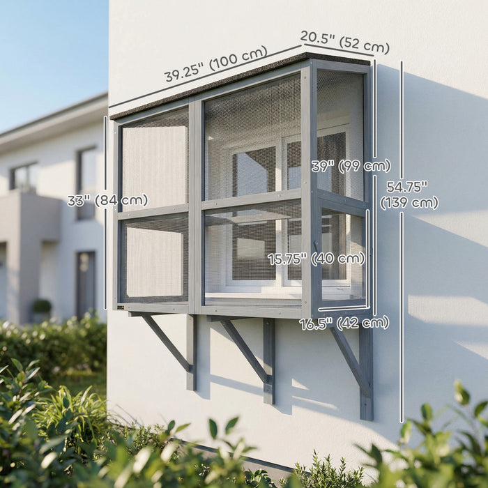 PawHut Window Cat Catio, Outdoor Cat House w/ Metal Mesh, 2 Tiers Outdoor Enclosure for Indoor Pet, Expandable Safe Window Perch for Sunbathing, Napping & Overlooking, 39.4\"L