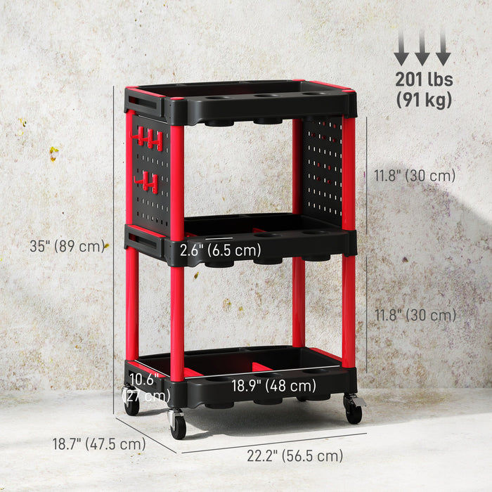 Homcom 3-tier Rolling Tool Cart With Wheels, Plastic Utility Cart, Black