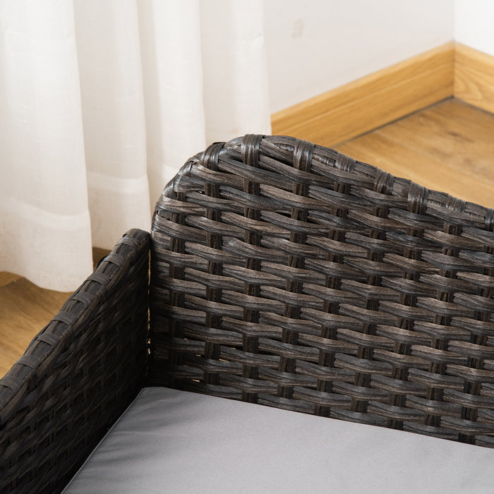 Pawhut Rattan Pet Sofa For Large & Medium Dogs, Indoor & Outdoor Raised Wicker Dog Bed, Cat Couch, With Soft Washable Cushion, Charcoal Grey