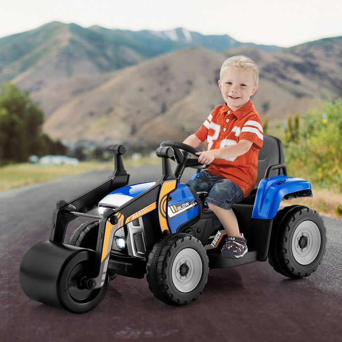 Costway Kids Ride On Road Roller 12v Electric Tractor Remote W/ Music & Led Light Blue