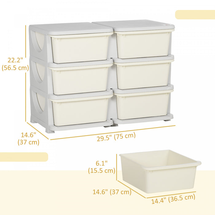 Qaba Kids Toy Storage Organizer With 6 Plastic Bins, 3 Tier Drawer Chest Utility For Kids Bedroom Nursery Kindergarten Living Room For Boys Girls Toddlers, Cream White