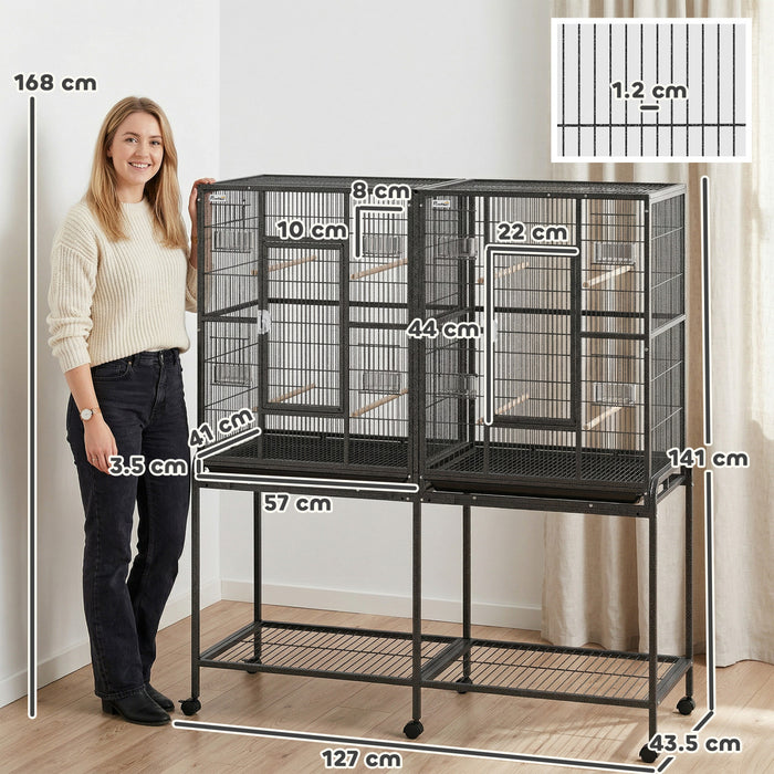 PawHut 56\" Large Bird Cage, Rolling Metal Parrot Cage, Bird House with Detachable Rolling Stand, Storage Shelf, Wood Perch, Food Container, 50\" x 17\" x 56\", Black