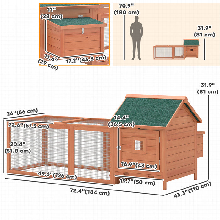 PawHut 72\" Chicken Coop, Wooden Hen House for 2 Chickens, Poultry Cage with Run, Nesting Box, Removable Tray, Waterproof Roof, Ramp, Perch,Duck House Rabbit Hutch, Orange