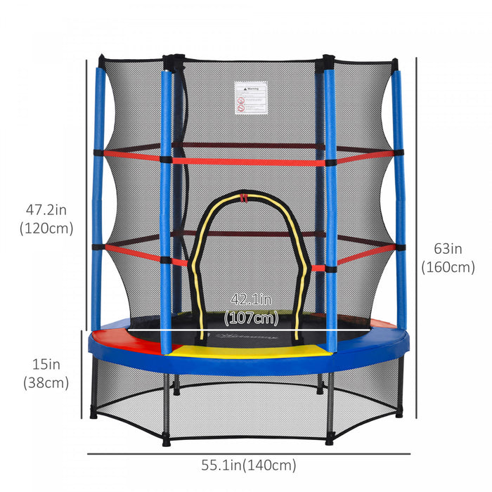 Outsunny Φ55\" Kids Trampoline With Enclosure Net Steel Frame Indoor Round Bouncer Rebounder Age 3 To 6 Years Old Multi-coloured