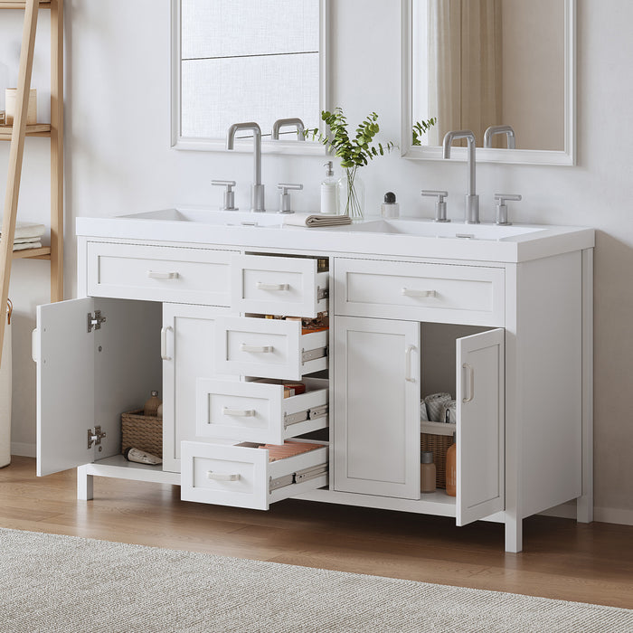 Dune 59 Inch Double Sink Bathroom Vanity with Resin Sinks and 4 Drawers, White