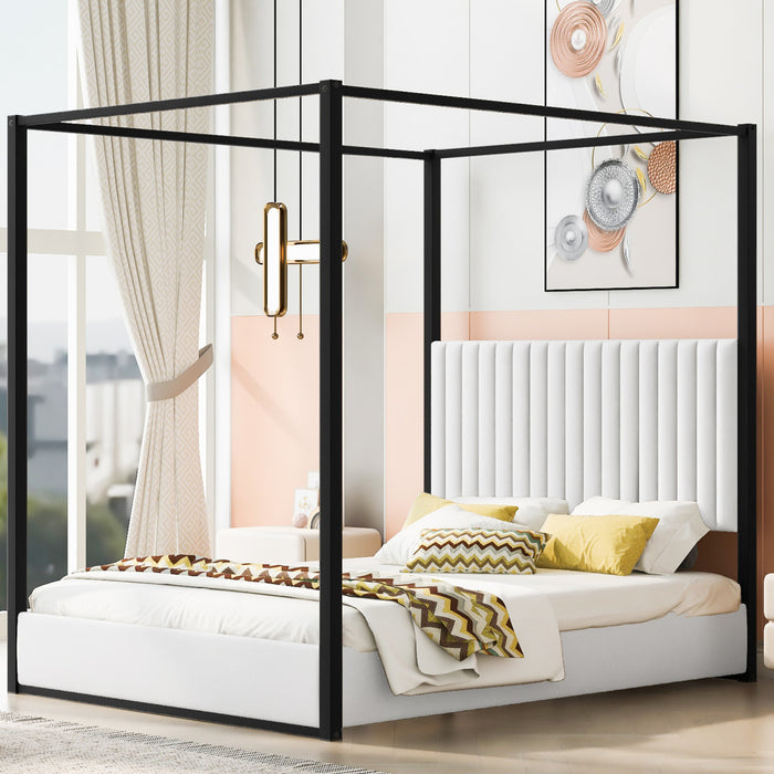 Sophia Upholstery Canopy Platform Bed with Foam Headboard and Velvet,Queen Size,Black Queen Bed