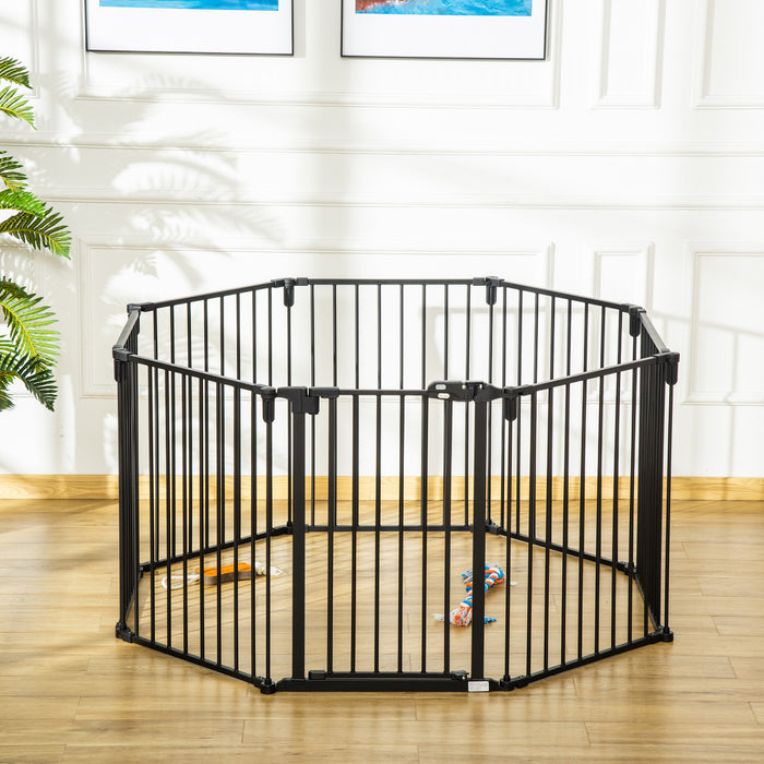 Pawhut Pet Safety Gate 8-panel Playpen Fireplace Christmas Tree Steel Fence Stair Barrier Room Divider With Walk Through Door Automatically Close Lock Black